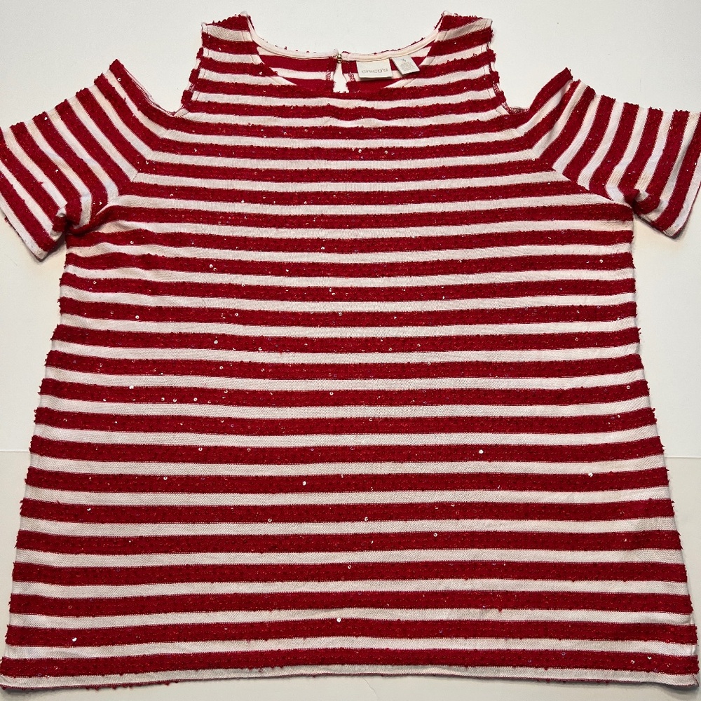 Chico's Sz  3 Red/White  Sequins Striped Cold Shoulder Women's Knit Top …